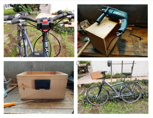 montage d'une caisse de vin en bois sur un vélo