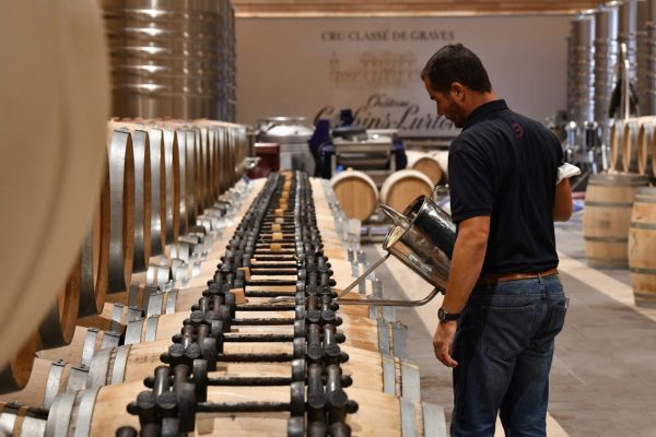 maitre de chai qui pratique le ouillage des barriques de pessac-leognan